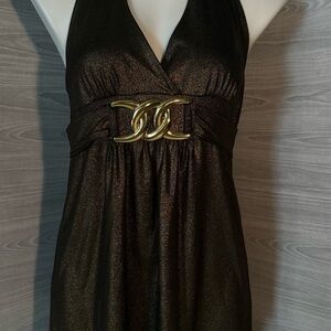 Janette Plus Brown Gold Ruched Halter Tank Top